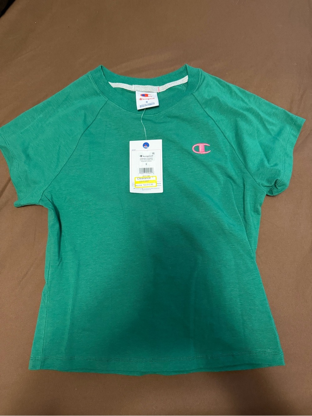 Champion Green Tee with Pink Logo - Girls' Short Sleeve